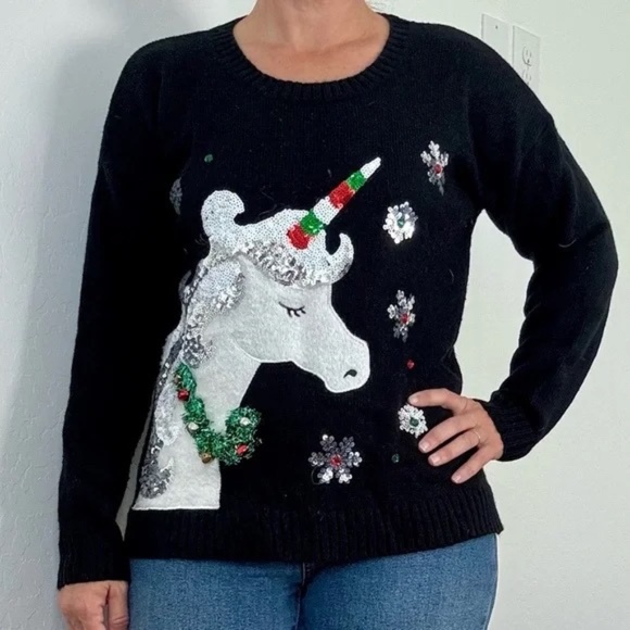 Christmas Unicorn Jingle Bells Tinsel Sequins Ugly Sweater Plus Size 1X Black - Picture 1 of 7